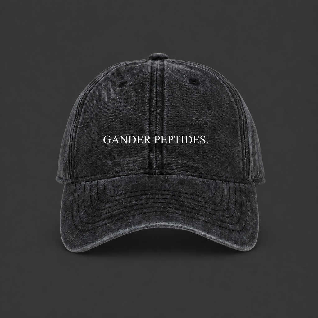 Black Gander Peptides baseball cap on a charcoal background